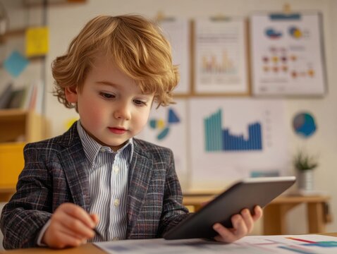 A photograph of a young boy dressed as a financial advisor in a corporate office, using a tablet to present data, with graphs and charts on the wall