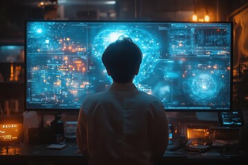 futuristic data scientist surrounded by holographic displays ai nodes connecting to brain interface streams of code flowing