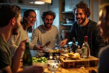 A photograph of friends trying to cook a meal together but creating a hilarious mess in the kitchen, with laughter and chaos