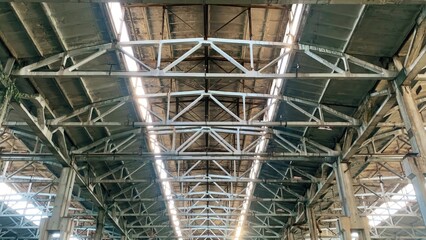 The roof of an abandoned and demolished industrial building inside