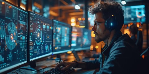 Engineer analyzing data on a multiple monitors in a high-tech control center, showcasing digital operations, cybersecurity, and system management