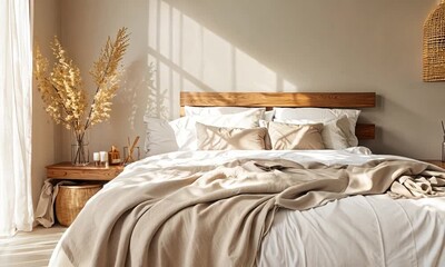 a bedroom with a large bed and a wicker basket