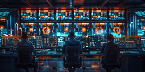Team of engineers working in a futuristic control room with multiple screens, monitoring data and systems in a high-tech environment