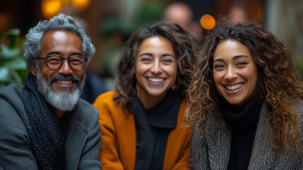 Fototapeta premium A diverse group of office workers, with a mix of genders and ethnicities, laughing and sharing stories during a casual team-building session.