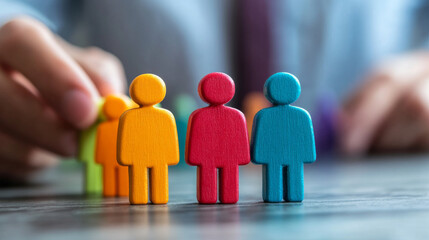 A person is holding a group of wooden people, each with a different color