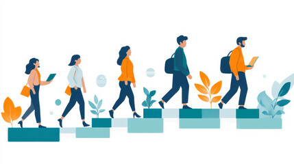 A group of people walking up a set of steps, with one person holding a book