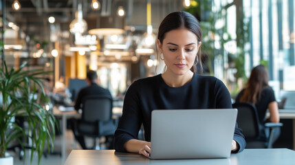 Fototapeta premium Young professional woman in a stylish office environment, thoughtfully working on her laptop, the scene captures the collaborative and dynamic energy of a modern workspace, with ot