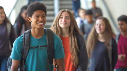 Obraz premium Diverse students walk in a high school stairwell