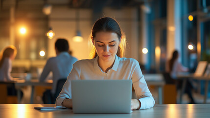 Fototapeta premium Focused woman working on a laptop in a modern office, with colleagues in the background also engaged in their tasks, the warm lighting and open space create an atmosphere of concen