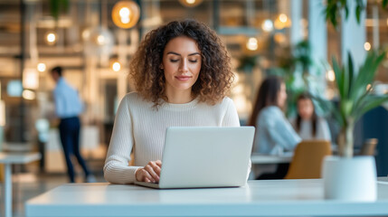 Focused woman working on a laptop in a modern office, with colleagues in the background also engaged in their tasks, the warm lighting and open space create an atmosphere of concen