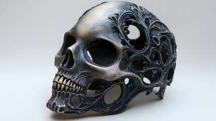 A detailed Halloween mask with exposed bones, intricate carvings, horror style, dark tones, isolated on white background