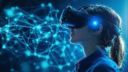 Woman Experiencing Immersive Virtual Reality with a Headset and Glowing Blue Lights