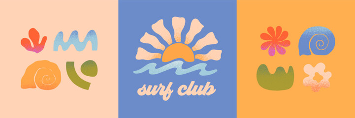 Vector abstract summer beach,surf club emblems.Hand drawn seashell,coral,ocean waves with sun.Modern graphic in simple style for banners,smm,branding,covers,prints.Retro summer vacation aesthetic