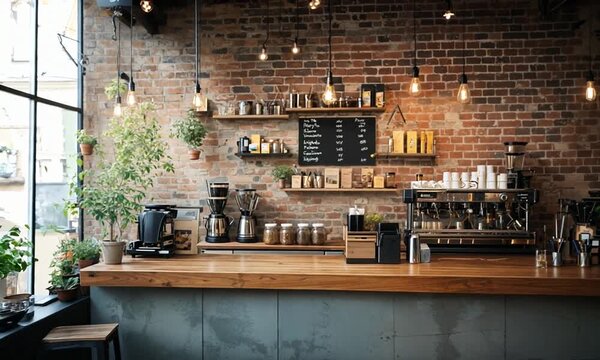 a coffee shop with a brick wall and wooden counter