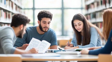 Engaged students studying together in a contemporary library, surrounded by bookshelves and natural light, they share ideas and resources, highlighting the importance of collaborat