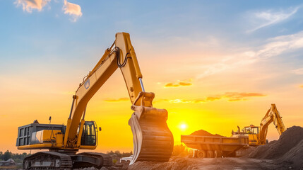 Construction site at sunset, with heavy machinery like excavators and dump trucks in operation, and a group of engineers discussing the project plans, the scene captures the intens