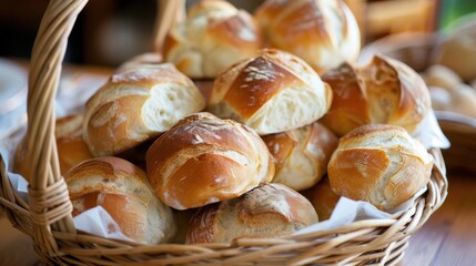 A basket filled with freshly baked bread rolls, perfect for a family meal or gathering.