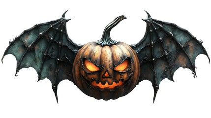 Naklejka premium A pumpkin head mask with glowing eyes, Halloween party theme, hyper-realistic 3D render, spooky and detailed, isolated on white background
