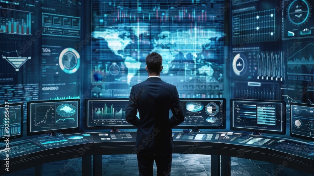 Poster a businessman analyzing data on multiple screens in a high-tech office.