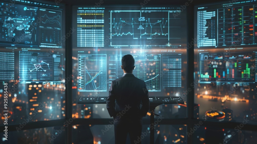 Poster a businessman analyzing data on multiple screens in a high-tech office.