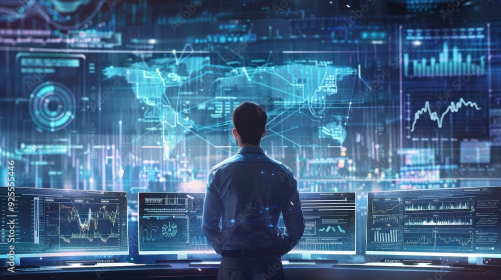 Poster a businessman analyzing data on multiple screens in a high-tech office.