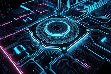 A computer chip with a blue and purple design