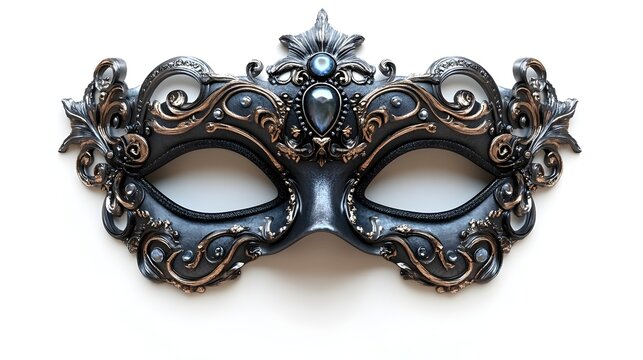 Elegant witch-themed masquerade mask, decorated with ornate patterns and gemstones, fantasy style, dark and moody palette, isolated on white background