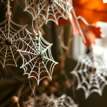 Halloween Spider Webs with Fake Spiders Hanging as Creepy Decorations