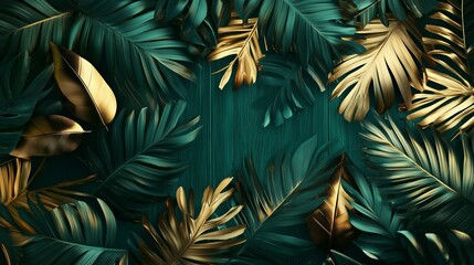 Exquisite Tropical Leaf Design Featuring Gold and Green Foliage