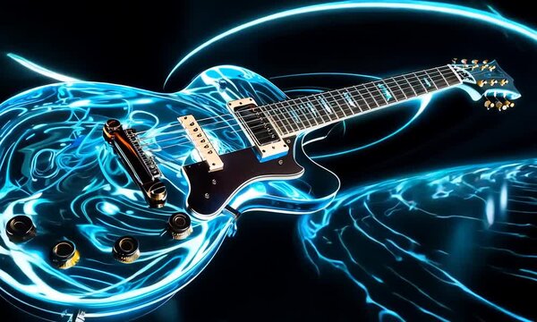 A guitar with blue flames painted on it. Scene is energetic and dynamic