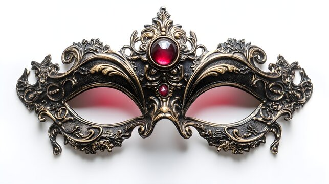 Halloween masquerade mask with blood-red eyes, lace details, baroque style, isolated on white background
