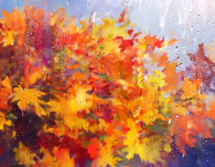 Fototapeta premium Blurred Autumn Colors Frosted Window View of Distant Foliage in Soft Focus