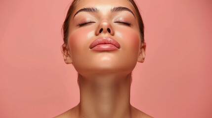 A woman with glowing skin poses gracefully against a soft pink background during a beauty campaign
