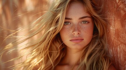 Fototapeta premium Young woman with freckled skin and flowing hair, posed against a textured background in natural light
