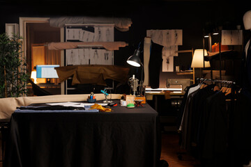 Table full of professional tailoring instruments used for manufacturing bespoke sartorial attire. Sewing machine, pins, needles, thread spools on table in atelier studio workspace