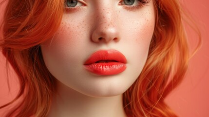 Fototapeta premium Young woman with vibrant red hair and striking makeup poses against a peach backdrop in a modern beauty shoot