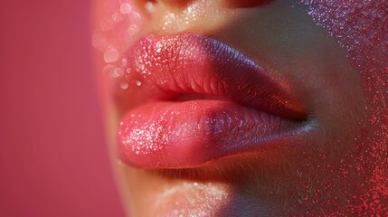 Fototapeta premium Close-up of shimmering lips highlighted by soft pink lighting in a creative portrait setting