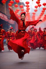 red chinese lanterns. Asian holiday chinese new year. Full moon and mid autumn festival. Vietnam. National costume