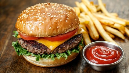 On a wooden table, a big hamburger is surrounded by lettuce, tomatoes, and onions