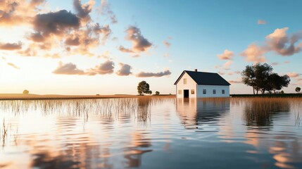 Fototapeta premium Extreme flooding in rural area, submerged farmlands, 3D illustration