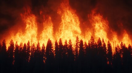 Wildfire engulfing a forest, intense flames and smoke, 3D illustration