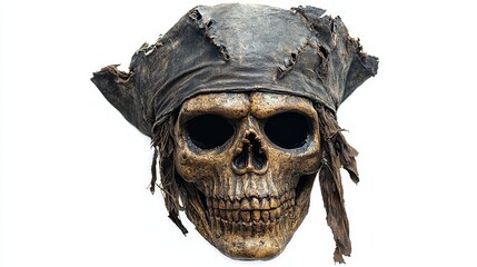 Fototapeta premium A pirate ghost mask with tattered edges, eerie Halloween party design, high-detail, glow-in-the-dark effect, isolated on white background