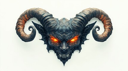 A terrifying demon with curved horns and burning eyes, featuring a masquerade Halloween mask, surreal illustration, dark tones, isolated on white background