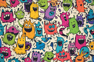 A seamless pattern of colorful cartoon monsters with various expressions and quirky designs creating a fun and playful background