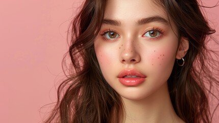 Fototapeta premium Young woman with natural makeup poses against a pastel pink background during daytime