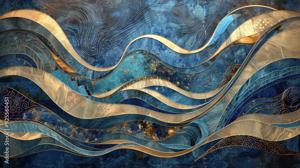 Poster abstract waves of blue and gold flow across the canvas, creating a soothing and dynamic visual exper