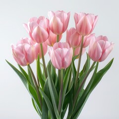 Fototapeta premium A beautiful bouquet of pink tulips in full bloom, with vibrant green leaves, set against a soft white background.