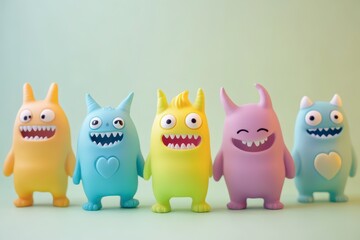 Colorful toy monsters lined up against a pastel background