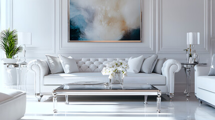 Elegant living room with modern sofa minimalist coffee table and abstract art