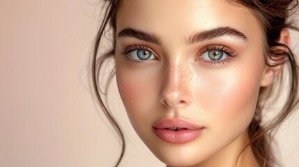 Fototapeta premium Young woman with clear skin and bright eyes posing against a soft pastel background during daylight